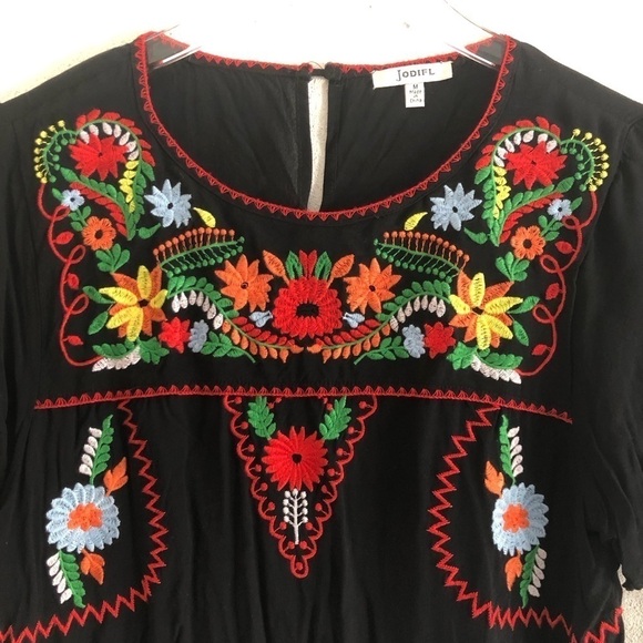Jodiful Floral Embroidered Bohemian Pullover Blouse Tie Sleeve Medium Black - Picture 2 of 11